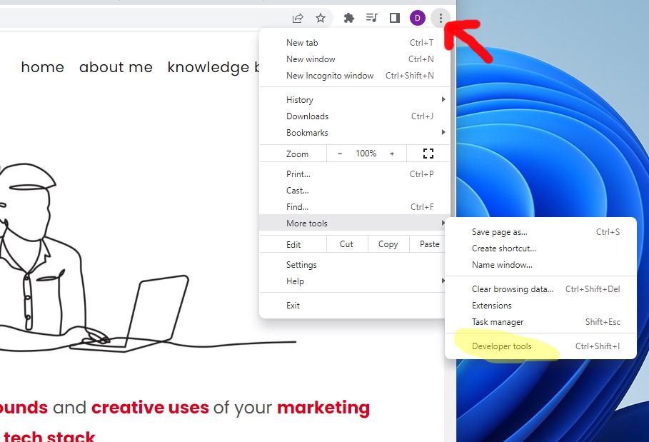 Access developer tools in Chrome